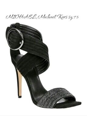 Michael Kors Celia Black Suede Crystal Embellished Heel Sandals 7.5 New